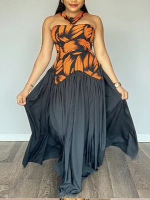 Colorblock Ruched A-line Sleeveless Maxi Dress