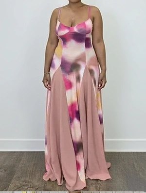 Colorblock Ruched V Neck Sleeveless Maxi Dress