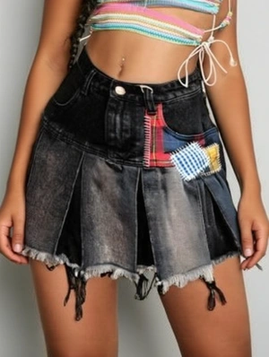 Plaid Patched Raged Hem Denim A-line Skirts