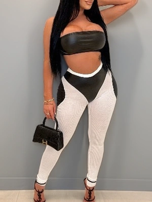 Colorblock PU Tube Skinny Pant Sets