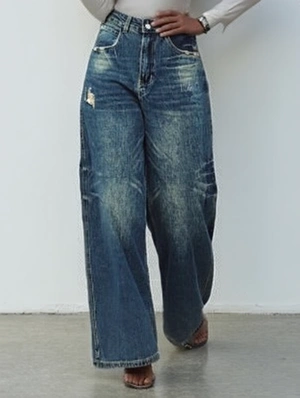 Washed Denim Ripped Loose Wide Leg Jeans