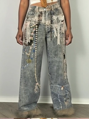 Lace Faux Pearl Chain Printed Denim Wide Leg Jeans