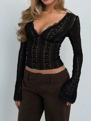 Lace Detail Sheer V Neck Long Sleeve Tops