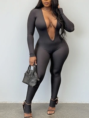 Plain Deep V Neck Backless Fitted Jumpsuits