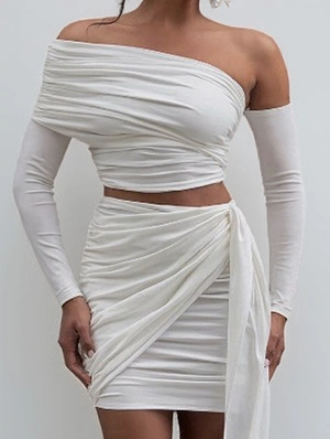 Inclined Shoulder Cropped Ribbons Skirt Sets