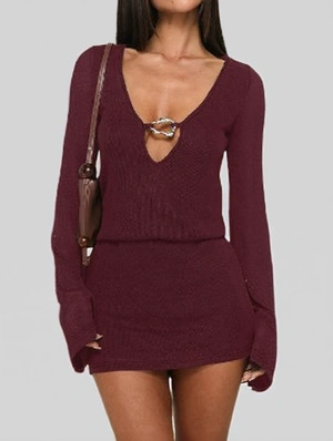 Solid Hollow-out Metal Decor Long Sleeve Mini Dress