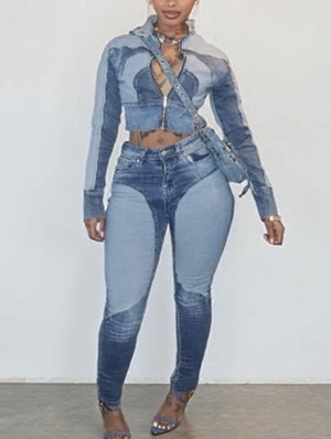 Colorblock Washed Denim Cropped Jackets Pant Sets
