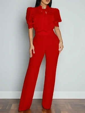 Lace Panel Sheer Tie-wrap Shirt Jumpsuits