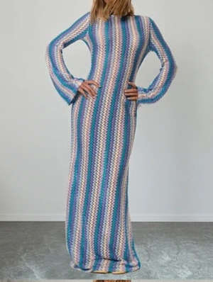 Colorblock Striped Trumpet Sleeve Maxi Dress
