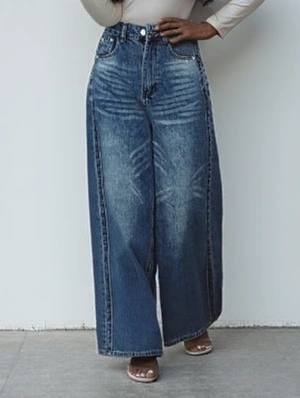 Distressed Washed Denim Wide Leg Jeans