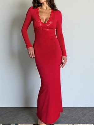 Solid Lace Detail V Neck Long Sleeve Maxi Dress