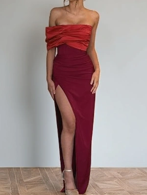 Elegant Colorblock Split Off Shoulder Maxi Dress