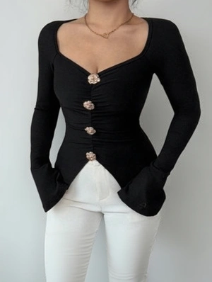 Flower Metal Decor Buckle Ruched Long Sleeve Tops