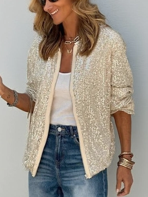 Plain Color Sequin Patchwork Zipper Coats