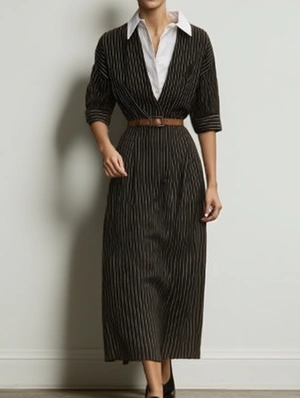 Striped Button Up Shirt Casual Skater Midi Dress
