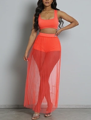 Plain Tank Short Sheer Pleated Skirt 3 Piece Sets