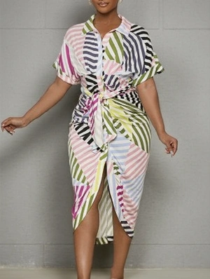 Colorblock Buckle Shirt Waist Tie Midi Dress