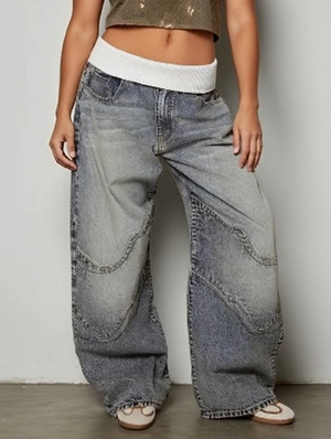 Loose Ribbed Denim Patchwork Distressed Jeans