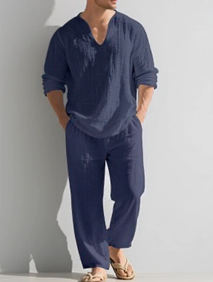 Solid Color Collarless Loose Long Sets