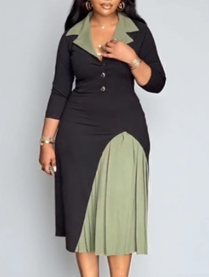 Ruched Colorblock Lapel Pleated Midi Dress
