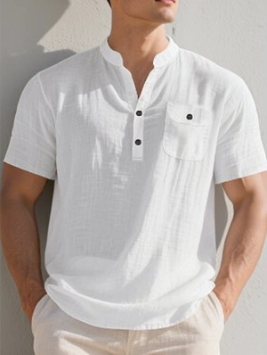 Pure Color Washed Chest Pocket Stand Collar Shirts