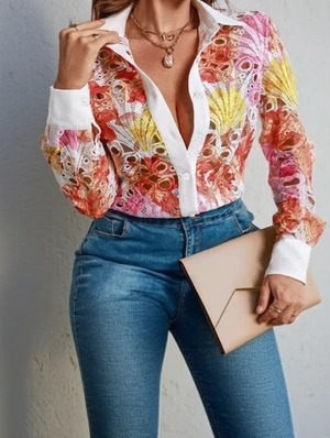 Colorblock Floral Tie Dye Hollow-out Shirt