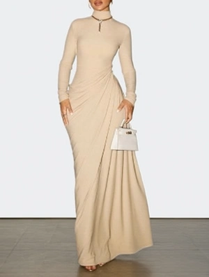 Irregular Ruched A-line Long Sleeve Maxi Dress