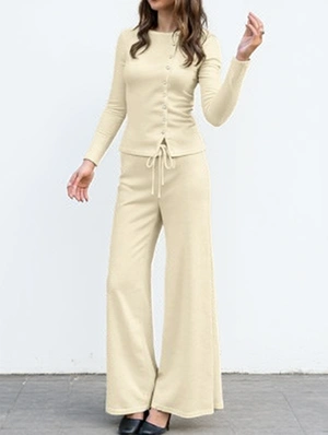Plain Button Up Cardigan Lace Up Pant Sets