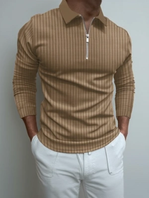 Fitted Down Collar Long Sleeve Polo Shirt