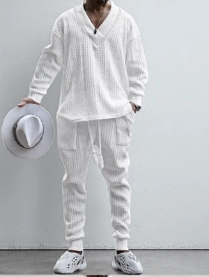 Solid Color V Neck Long Sleeve Long Sets