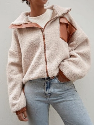 PU Lambswool Patchwork Zipper Lapel Coats