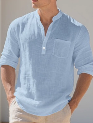 Plain Color V Neck Chest Pocket Long Sleeve Shirts