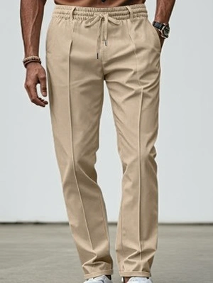 Plain Color Waist Tie Fitted Straight Long Pant