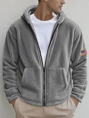 Plain Color Zipper Badge Hooded Fluff Short Coats