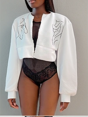 Abstract Line Printed Puff Sleeve Cropped Coats