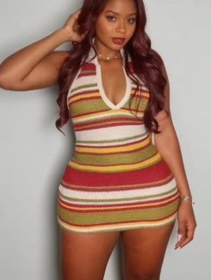 Knitting Striped Halter Backless Mini Dress