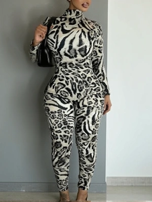 Leopard Printed Mock Neck Fitted Jumpsuits