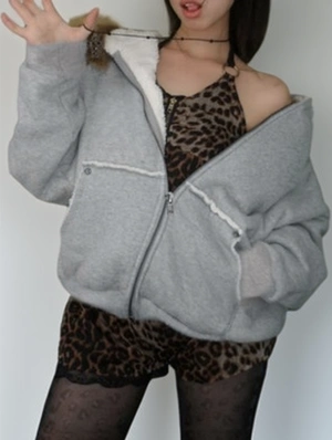 Fluff Hooded Zipper Slit Pocket Hoodies
