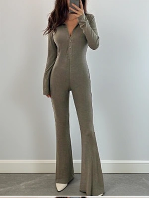 Plain Lapel Button Up Flared Jumpsuits