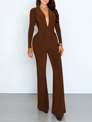Waistband Pleating Deep V Neck Jumpsuit