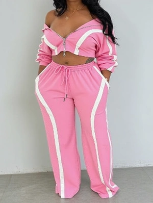 Colorblock Pointed Lapel Sweatshirt Pant Sets