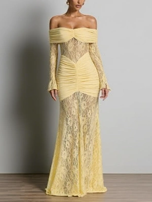 Sheer Ruched Lace Off Shoulder Maxi Dress