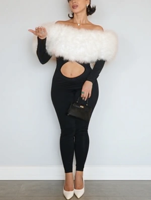 Fur Trim Off Shoulder Hollow-out Jumpsuits