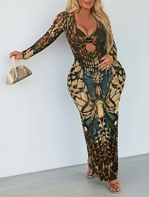 Abstract Printed Low-cut Split Hem Maxi Dress