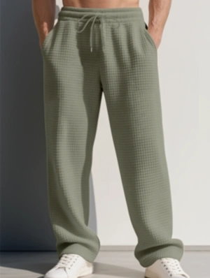 Pure Color Square Jacquard Drawstring Straight Long Pant