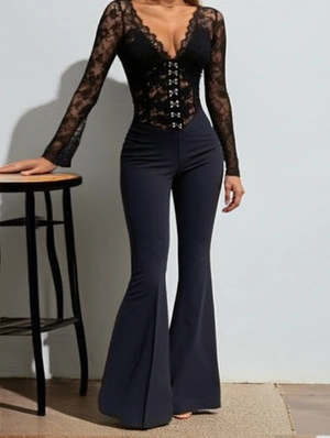 Lace Detail Deep V Neck  Long Sleeve Butt Lifter Jumpsuits
