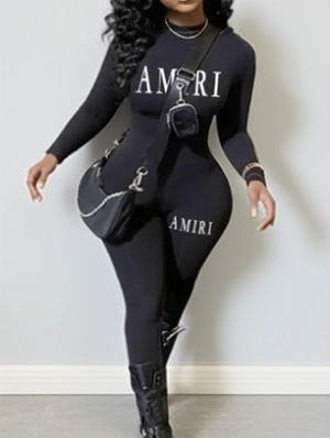 Letter Printed Long Sleeve Fitted Jumpsuits