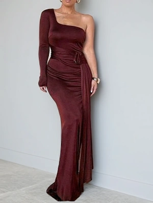 Solid Color One-shoulder Long Sleeve Maxi Dress