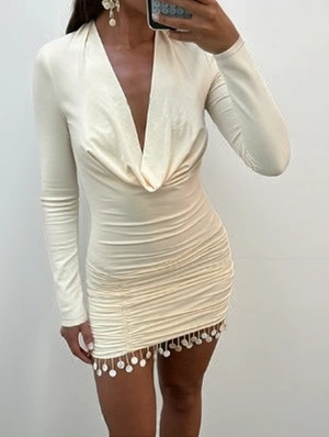 Fringe V Neck Long Sleeve Bodycon Mini Dress