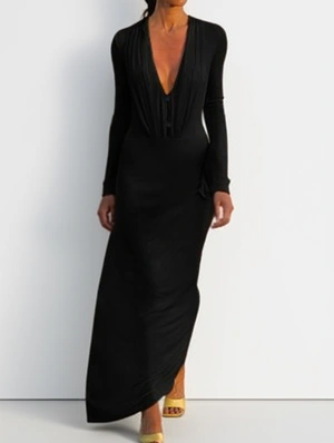 Deep V Neck See Through Long Sleeve Dress